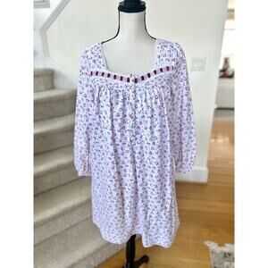 Eileen West White Flannel Pink Ditsy Floral Velvet Ribbon Night Gown